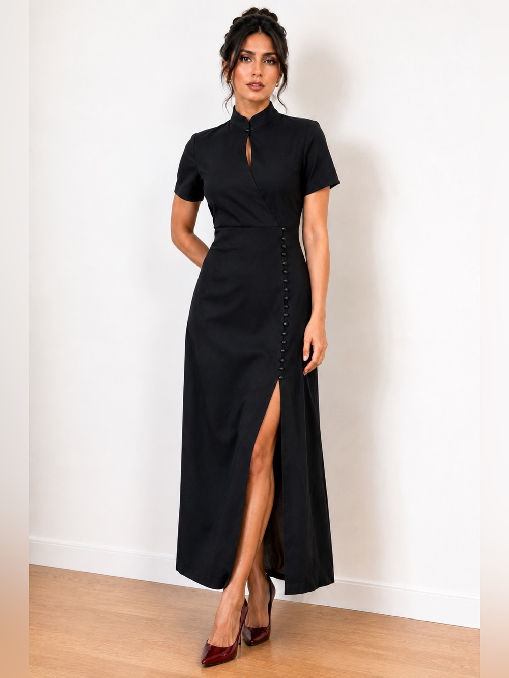 NWT Newport News Black Mandarin Collar Maxi Dress/Side Button Slit/bust 37”-38